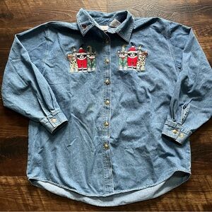 Vintage Bobbie Brooks cat Christmas holidays denim button front shirt 18W 20W